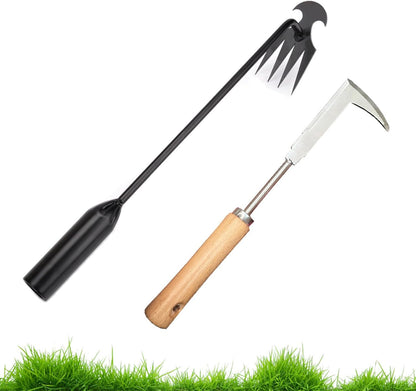 2 Pack Weed Puller Tool, Including a 4-Teeth Uprooting Weeding Tool and an L-Shaped Crack Weeder Tool, Ideal for Planting, Weeding, Sidewalk, and Patio.