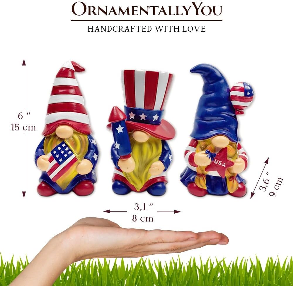 OrnamentallyYou Spring & Summer-Themed Garden Statues – Adorable Outdoor Decor for Lawn, Patio & Porch (Patriotic Gnome Trio Figurines, 6" Set of Three Garden Statues and July 4th Decoration)