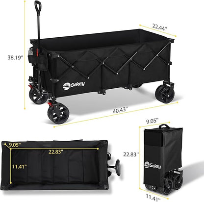 Sekey 48''L Collapsible Foldable Extended Wagon with 440lbs Weight Capacity, Heavy Duty 300L Folding Utility Garden Cart with Big All-Terrain Beach Wheels & Drink Holders. Black
