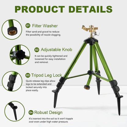 THUNDERBAY Impact Sprinkler on Tripod Base, Heavy-Duty sprinklers Provide 360-degree Spray Coverage Large Yard Garden Lawn Areas, 3/4 Inch Connector Extension Legs Flip Locks with Brass Head, 1 Pack