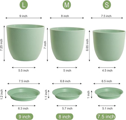 Flower Pots 9/8/7.5 inch, Plant Pots for Indoor Outdoor Plants, Set of 3 Modern Decorative Plastic Planters with Drainage Holes and Saucers for Garden Porch House Plants, Green