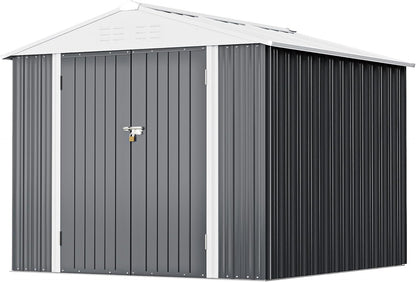 Greesum 8x6FT Outdoor Storage Shed, Utility Tool Shed Metal Storage Garden Shed with Door & Lock for Patio Storage, Gray