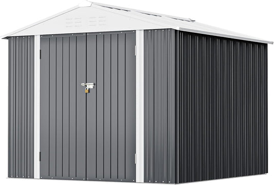 Greesum 8x6FT Outdoor Storage Shed, Utility Tool Shed Metal Storage Garden Shed with Door & Lock for Patio Storage, Gray