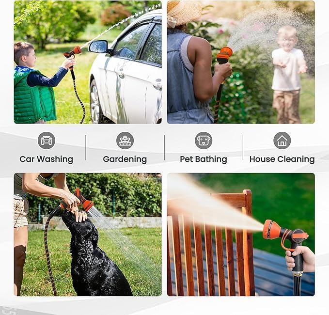 Giraffe Tools Garden Hose 75FT Non-Expandable Lightweight Flexible Water Hoses Burst 600 psi with 9 Spray Function Nozzle Heavy Duty Hose