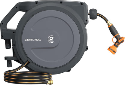Giraffe Tools PRO Heavy Duty Retractable Garden Hose Reel - 78ft 1/2 Inch Auto Rewind with Any-Length Lock, Wall Mounted Metal Bracket, Commercial Grade for Patio & Lawn (Dark Grey)