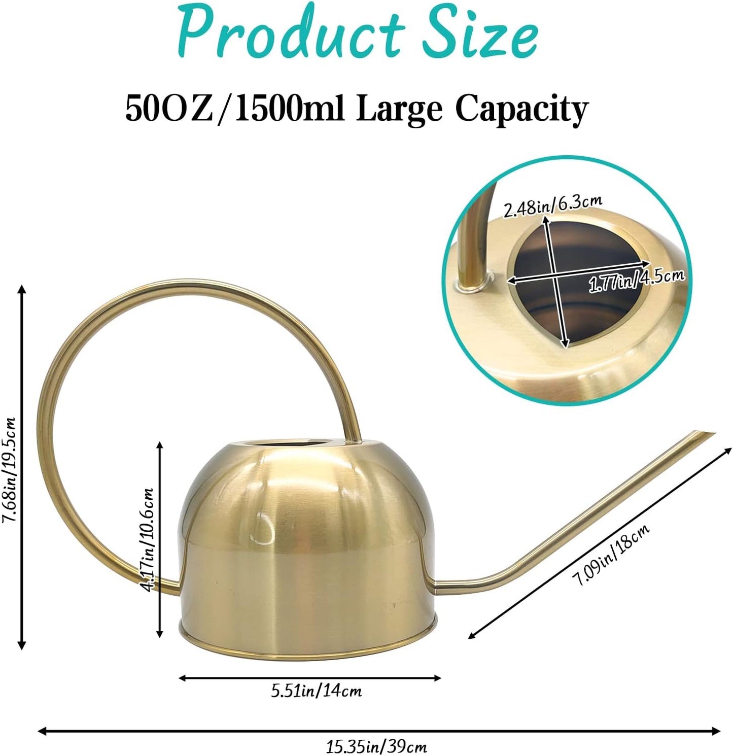 Hamiledyi 50 oz/1500 ml Stainless Steel Watering Can with Long Spout Metal Watering Can Indoor Outdoor Flower Watering Pot for Garden Orchid Bonsai Office Desk Plants (Golden)