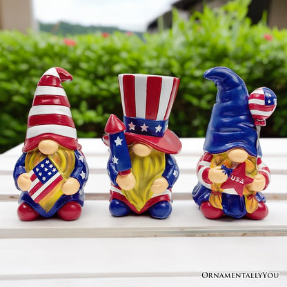 OrnamentallyYou Spring & Summer-Themed Garden Statues – Adorable Outdoor Decor for Lawn, Patio & Porch (Patriotic Gnome Trio Figurines, 6" Set of Three Garden Statues and July 4th Decoration)
