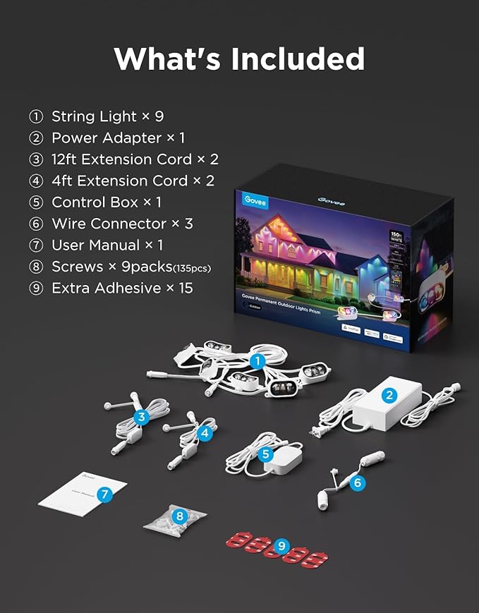 Govee Permanent Outdoor Lights Prism, 150ft with 54 Triple-Color Lighting Heads, 100+ Scene Modes, Up to 60lm for Outdoor Decor, IP68 Waterproof, Works with Alexa, Google Assistant & Matter, White