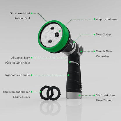 RESTMO 2-IN-1 Garden Hose Nozzle, Heavy Duty Metal Water Hose Nozzle with 4 Spray Patterns, Magic Twist and Thumb Flow Control, Ideal for Watering Plants & Lawns, Washing Cars & Pets, Green
