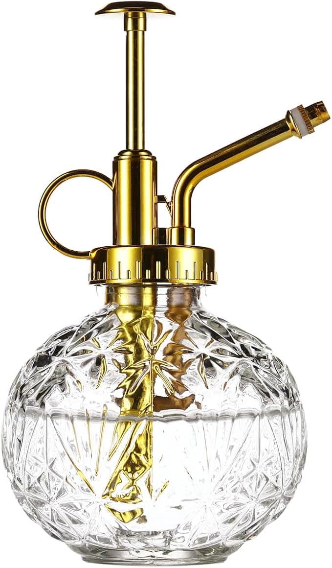 Glass Plant Mister Spray Bottle, 6.5" Clear Glass Water Spray Bottle with Gold Top Pump Small Watering Can, Small Plant Sprayer Mister for Indoor Outdoor House(Clear+Gold E)