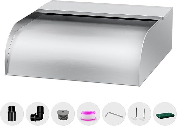 Pool Fountain Waterfall Spillway with Wider Water Flow Platform, Stainless Steel Waterfall with Pipe Connector Kits, Water Feature Spillway for Garden Decor, Patio, Ponds, 11.8"x11.8"x3.9