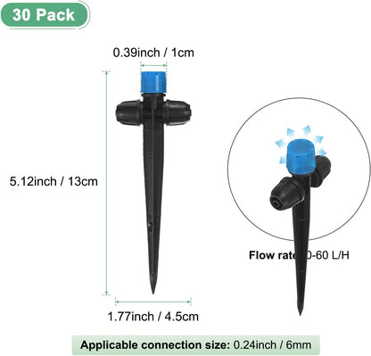 30-Pack Drip Irrigation Emitters Sprayers, Drippers on 5"/13mm Stake Adjustable 360 Degree Water Flow 8 Holes for 1/4" Drip Irrigation Tubing for Watering System [Blue, Drip]