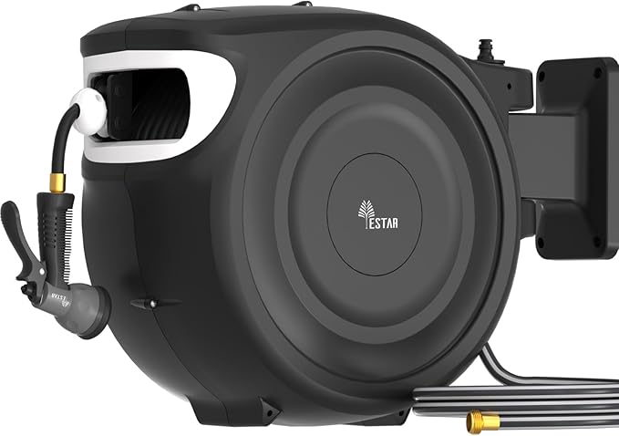Retractable Garden Hose Reel 1/2"x130 ft, Automatic Hose Reel with 7 Pattern Nozzle,Any Length Lock Wall Mounted &180 Deg Swivel