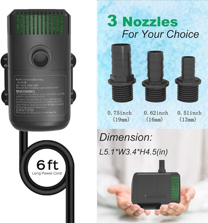 Submersible Pump 880GPH (3500L/H 60W) Ultra Quiet with Over Heating Protection 10.2ft High Lift for Fountains, Hydroponics, Ponds, Aquariums & More…