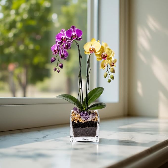 Live Purple and Yellow Double Stem Phalaenopsis Orchid Plant with Citrine and Amethyst - Premium Dual-Color Flowering Houseplant, Easy Care Live Plant