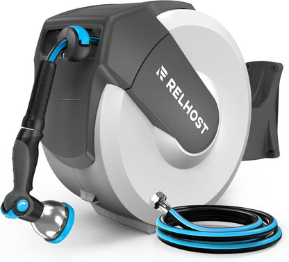 Retractable Garden Hose Reel 65 ft x 1/2 in, Heavy Duty Hose Reel Wall Mount with Any Length Lock, Auto Rewind System, 180° Swivel Bracket, 10-Pattern Garden Hose Nozzle, White & Grey