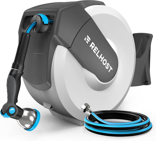 Retractable Garden Hose Reel 100 ft x 1/2 in, Heavy Duty Hose Reel Wall Mount with Any Length Lock, Auto Rewind System, 180° Swivel Bracket, 10-Pattern Garden Hose Nozzle, White & Grey