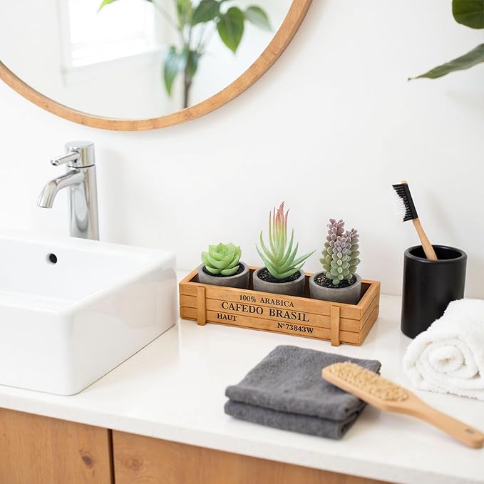 DomeStar 3PCS Small Fake Plants, Artificial Succulents Plants with Wooden Box for Home Bathroom Kitchen Office Farmhouse Decor Green