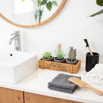 DomeStar 3PCS Small Fake Plants, Artificial Succulents Plants with Wooden Box for Home Bathroom Kitchen Office Farmhouse Decor Green