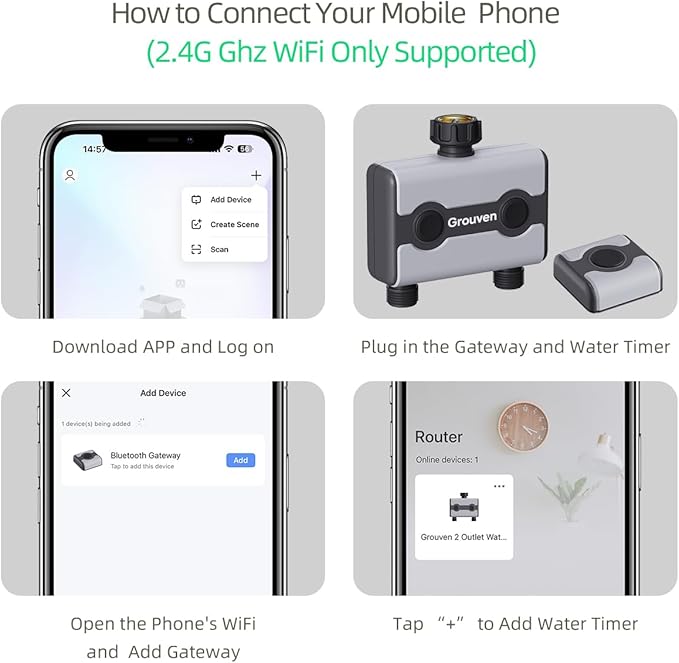 WiFi Sprinkler Timer 2 Outlet Water Timer with Rain Delay APP Control via 2.4Ghz WiFi and Bluetooth Outdoor Watering Automate Water & Sprinkler Schedules for Garden