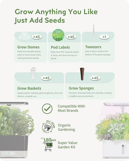 180Pcs Hydroponic Pods Supplies: Grow Anything Kit with 45 Grow Sponges, 45 Grow Baskets, 45 Grow Domes, 45 Pod Labels - Compatible with Hydroponics Growing System Indoor Garden from Most Brands