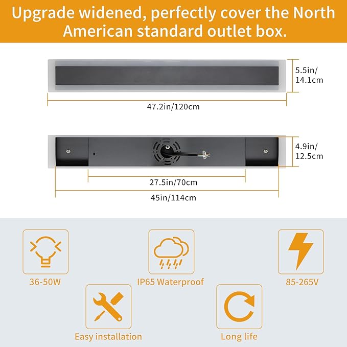 Upgrade Widened 2 Pack 47.2inch Modern Outdoor Wall Sconce, Black Long LED Wall Light, 3000K Warm White, IP65 Waterproof, White Acrylic, 41W, Exterior Lighting Fixture for Balcony, Yard, Garage