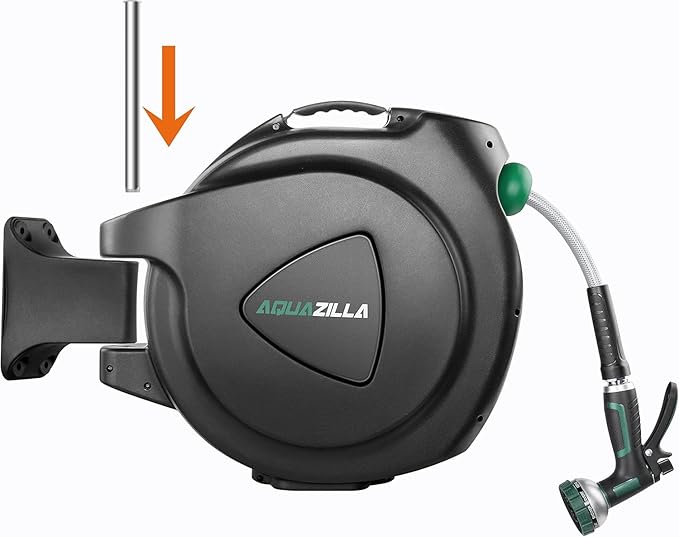 Retractable Garden Hose Reel, 100Ft x 5/8" Durable Wall Mounted Water Hose Reel with 180° Swivel Bracket, 9 Pattern Sprayer, 6Ft leader hose,Smooth Automatic Rewind, Any Length Lock.