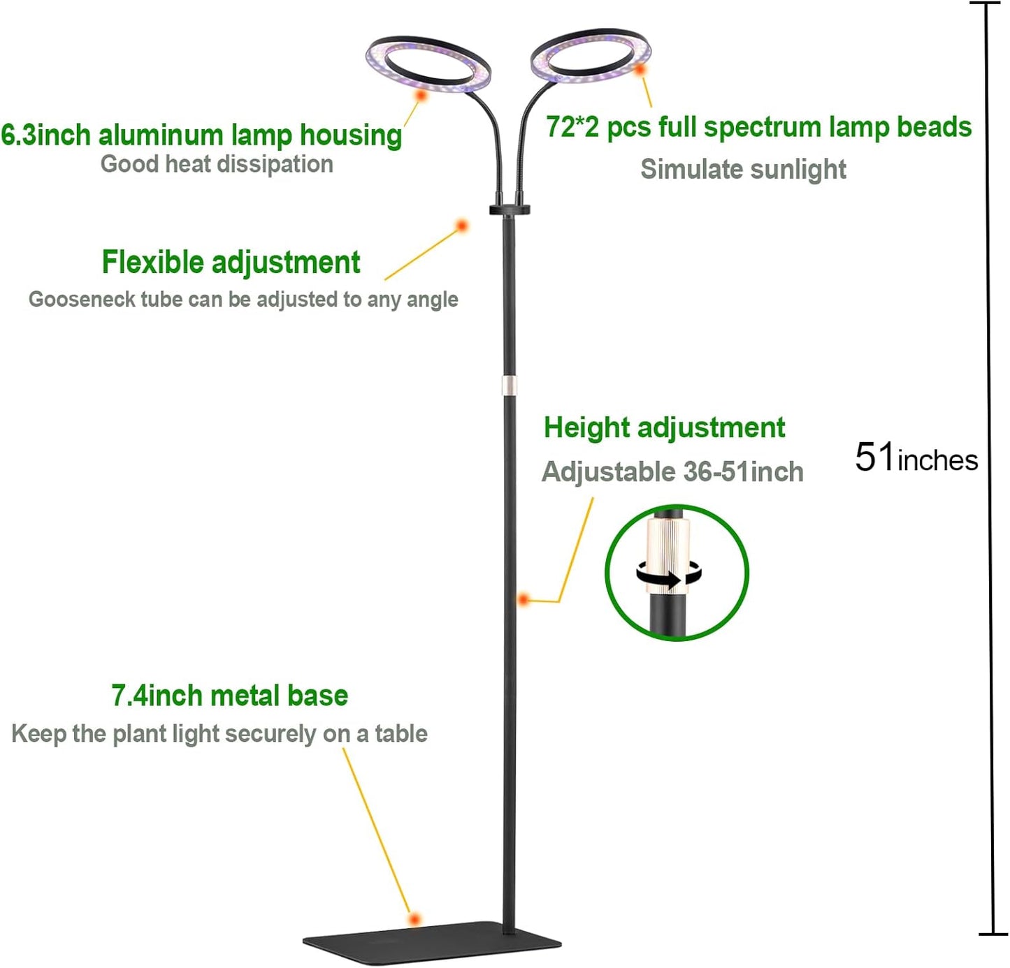 yadoker Desk Plant Grow Light for Indoor Plant, Dual-Head LED Grow Light,Height Adjustable,Automatic Timer with 8/12/16 Hours,10-Level Brightness,Ideal for Large Plant Grow