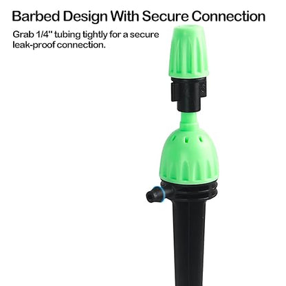 Drip Irrigation Emitters for 1/4" Irrigation Tubing, 25 Pack Integrated Drip Irrigation Stream Emitters & Adjustable Atomizing Nozzles with Stake Adjustable 360 Degree Water Flow Sprayer