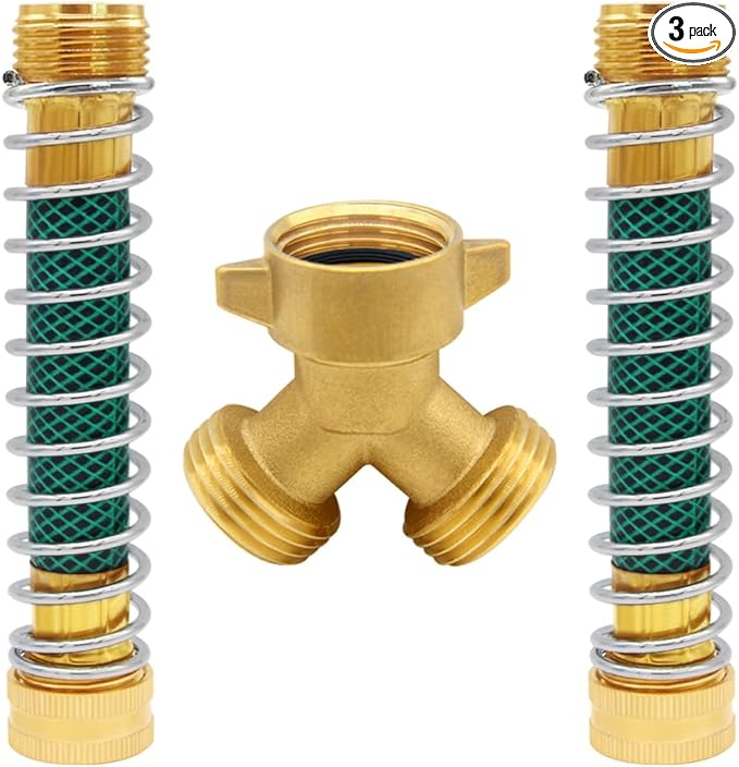 Brass 3/4" GHT Thread Garden Hose Splitter Swivel 2 Way Y Connector and 5.5 Inches Length Garden Hose Extension Protector with Washers Adapter for Backyard Water Tap, Outlet, Spigot