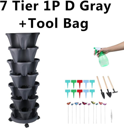 Vertical Planter, 7 Tier Stackable Strawberry Planter with Garden Tool Set, Movable Indoor/Outdoor Garden Herb Pot for Growing Vegetables and Succulents, Dark Gray