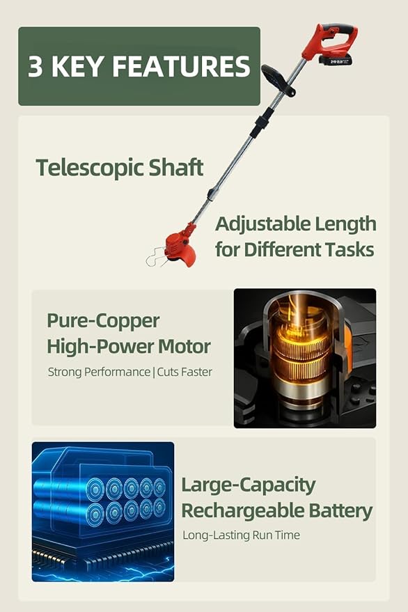 Cordless String Trimmer, Weed Wacker, Nylon Trimmer Head as Its Core Cutting Accessory, Telescopic Shaft and Foldable, 2 x Batteries, String Trimmer Cordless, Red