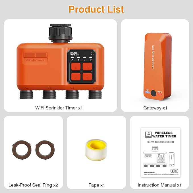 Smart WiFi Sprinkler Timer 4 Zone,WiFi Water Timer for Garden Hose with 984 FT Range,APP & Remote Control,Alexa & Google Voice Compatible,Rain Delay, Manual Mode Sprinkler System