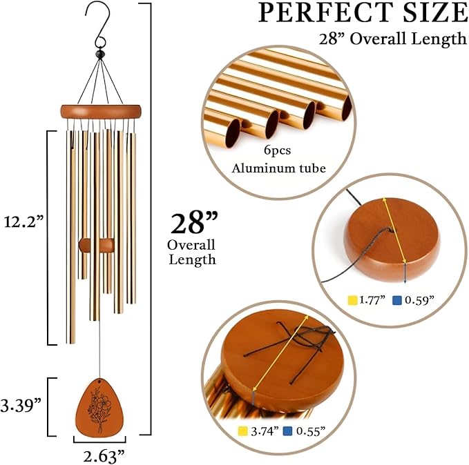Wind Chimes for Mom Birthday Gifts from Daughter, Son - Christmas Ideas for Mom Long Distance, Mothers Day Presents - Home Patio Garden Decor - Wooden Large Wind Chimes for Outside 28"