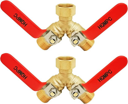 HQMPC Garden Hose Y Valve Splitter Brass Hose Splitter With Stainless Steel Long Handle Brass Garden Hose Adapter 2 Way Y Valve 3/4" GHT Thread 2pcs