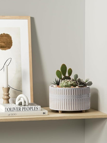 LE TAUCI Succulent Pots, 6.5+8 Inch Ceramic Indoor Plant Pot with Drainage Hole, Shallow Round Succulent Planters, Set of 2, Reactive Glaze Star White