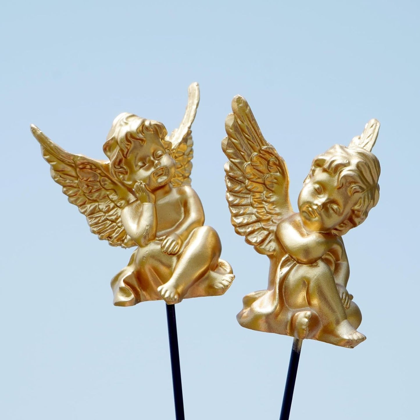OwMell Set of 2 Decorative Angel Garden Stakes, Small Angel Fairy Garden Angel Ornaments, Cherub Angel Memorial Statue Flower Pot Decorations - Gold