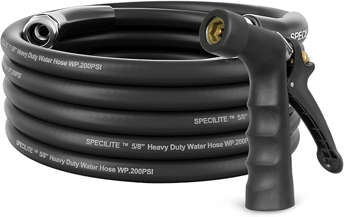 SPECILITE 5/8" Hot/Cold Garden Hose 25 ft with Industrial High Pressure Nozzle, Flexible & Lightweight, 600psi Burst Rubber Water hose -50℉-158℉ With 3/4"Stainless Steel Fittings for Yard, Black