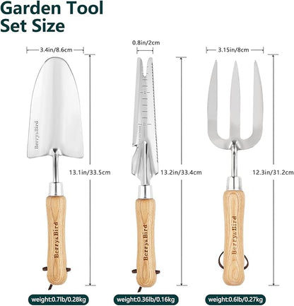 Berry&Bird Gardening Hand Tool Set - 3PCS Stainless Steel Garden Tool Kit Multifunctional Tool with Wooden Handle Trowel, Fork & Weeder for Weeding Planting Transplant, Ideal Garden Gift for Women&Men