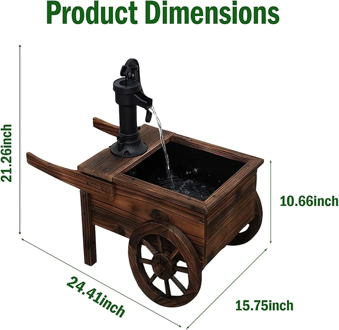 Carbonized Wood Outdoor Freestanding Fountain - Movable Vintage Hand Pump Cart, Plug-in Water Pump Electric Decorative Water Feature for Patio, Garden & Indoor Decoration