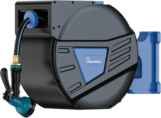 GARDENJOY Retractable Garden Hose Reel, 100ft x 1/2 inch Heavy Duty Garden Hose with 180°Swivel Wall Mounted Bracket, 10 Pattern Sprayer Nozzle, Any Length Lock & Slow Return System