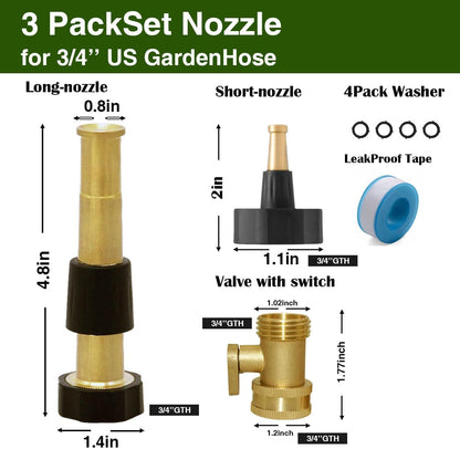 Garden Hose Nozzle Bundle with Shut-Off Valve Set High-Pressure Heavy Duty Brass Adjustable Spray 3/4" GHT for Patio Garden Hose Sprayer (3PackSet)