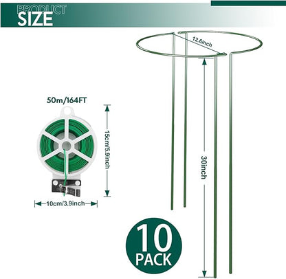 10 Pack 30 Inch Plant Support Stakes, Heavy-Duty Half Round Peony Support Ring Cage, Metal Garden Plant Stakes for Outdoor Plants - Peony, Tomato, Hydrangea with Cuttable Plant Ties