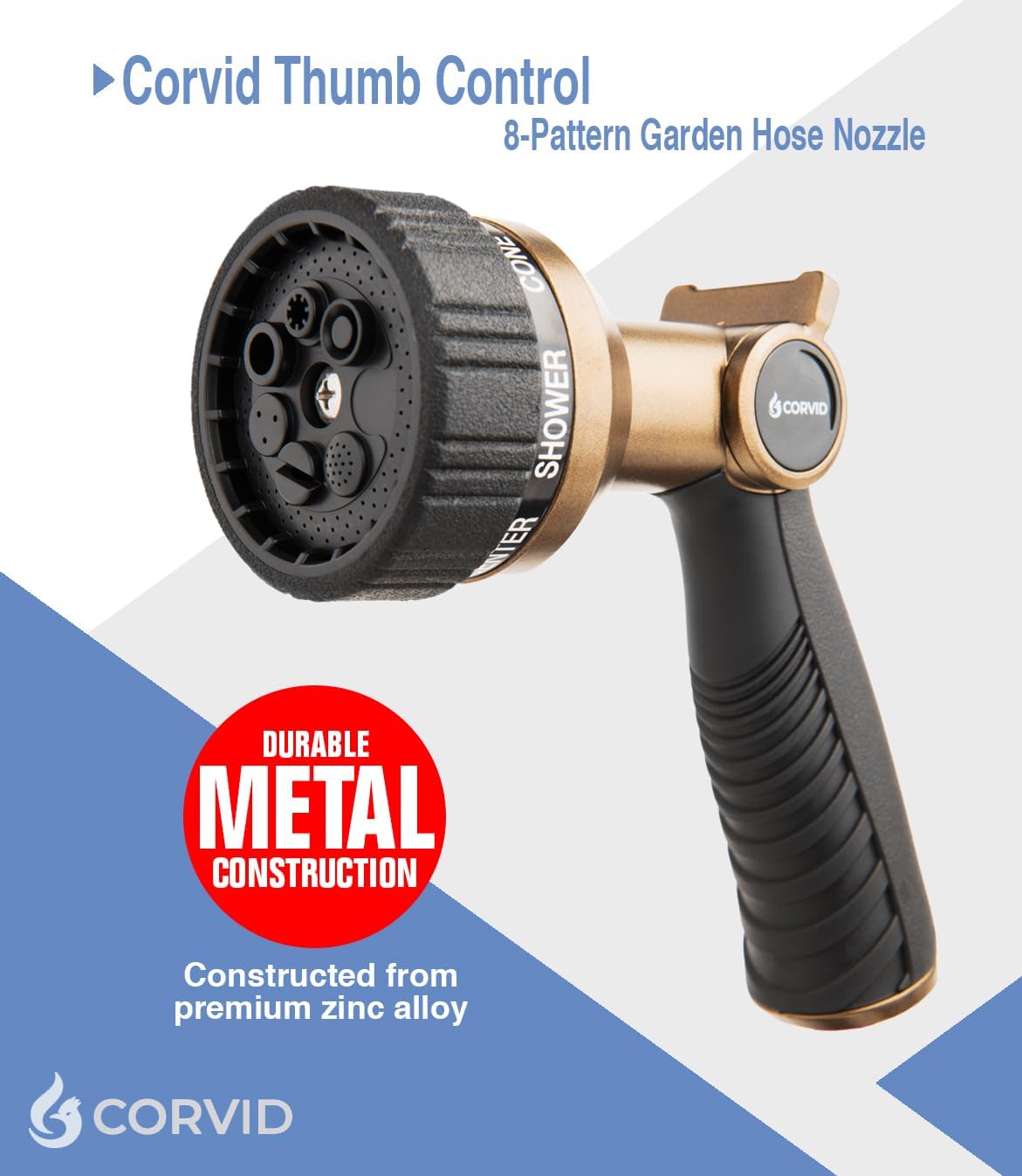 Thumb Control 8-Pattern Garden Hose Nozzle, High-Pressure Adjustable Spray with Ergonomic Soft-Grip Handle and Durable Metal Construction, Ideal for Lawn & Garden, Car Washing