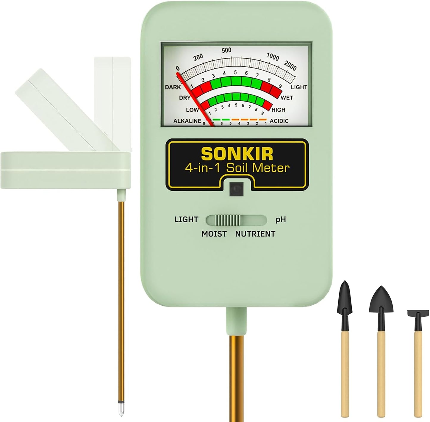 Sonkir Soil Moisture Meter, 4-in-1 Soil Ph Meter, Soil Tester for Nutrients, Moisture, PH and Light, Soil Ph Test Kits for Plant, Great for Garden, Indoor & Outdoor Use (No Battery Required), Green