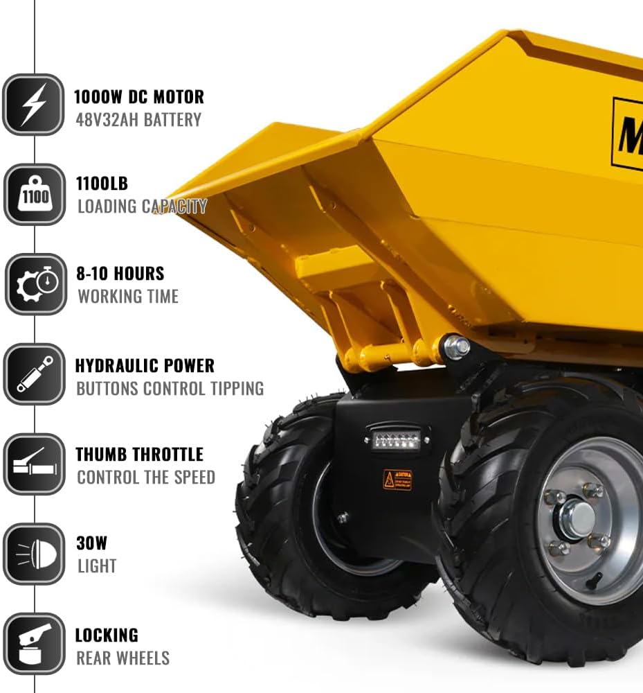 1100Lb Loading 48V Battery Powered Wheel Barrow Electric Dumper Cart with 30W Light, Hydraulic Tipping, 1000W Brushless DC Motor, LED Display Screen, Model EH50 Yellow