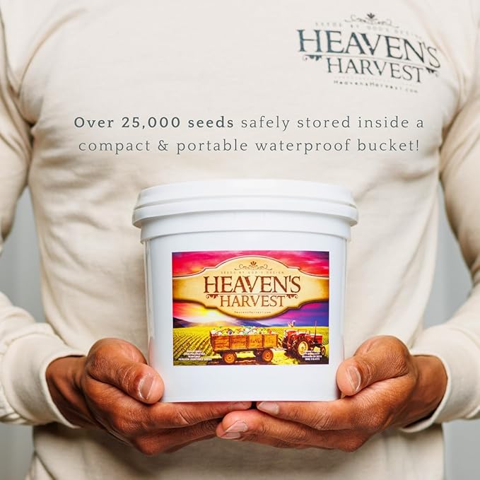 Heaven’s Harvest “10 Year Garden” Survival Seed Bank Kit | Over 75k Non GMO Heirloom Vegetable Survival Seeds + 2 Free Bonus Items: Clyde’s Garden Planner + Seed Vault Storage Drum for 10 Year Storage