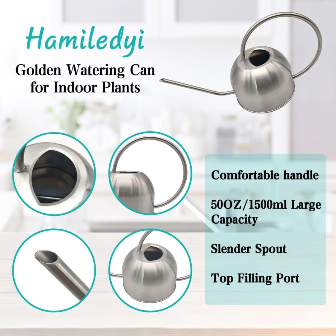 Hamiledyi 50 oz/1500 ml Stainless Steel Watering Can with Long Spout Metal Watering Can Indoor Outdoor Flower Watering Pot for Garden Orchid Bonsai Office Desk Plants (Silver)