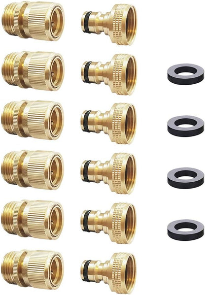 Garden Hose Quick Connector Water Hose Qucik Connect Garden Hose Connectors Brass Hose connectors Water Quick Connect Fittings 3/4" Inch GHT Solid Brass 6 Sets(6pcs Male Coupling 6pcs Female Nipple)