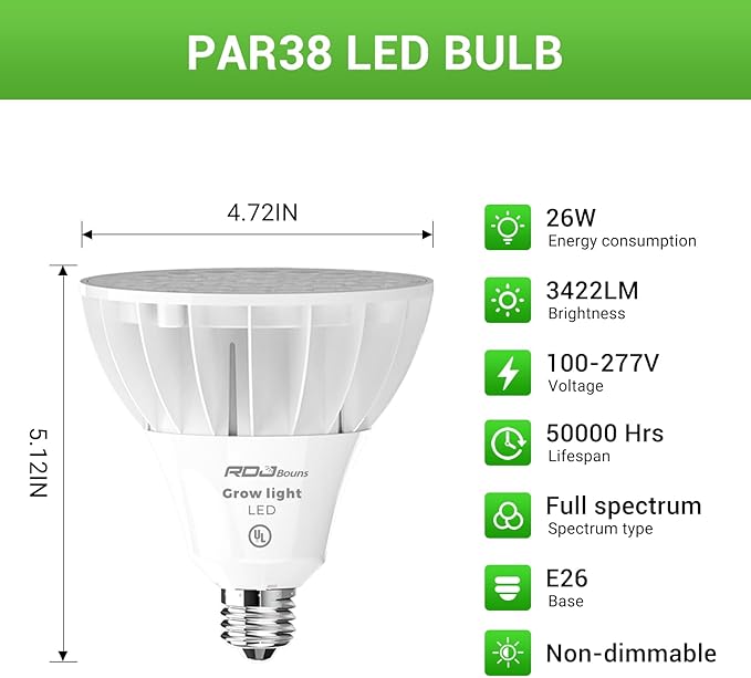 RDJ Bouns 26W Grow Light Bulb for Indoor Plants, E26 Base, 3422LM 300W Equivalent, High PPFD with Optical Lens, CRI95, Seeds and Greens,LED Plant Light Bulb for Growing, Gifts for Gardening Lovers